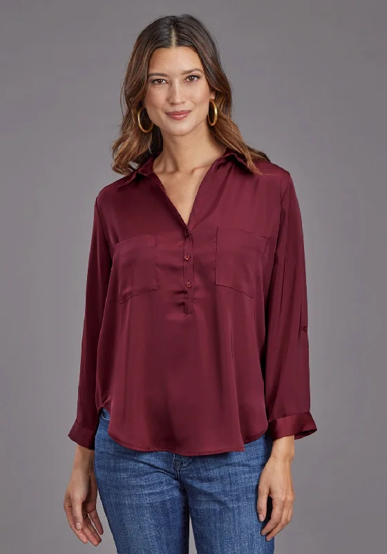 Stetson Womens Open V-Neck Wine 100% Polyester S/S Blouse Clothing Woman