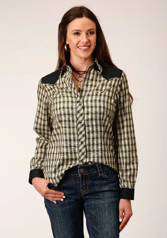 Roper Womens Cream Windowpane Green Cotton Blend L/S Shirt Women's Effortless Casual Outfit