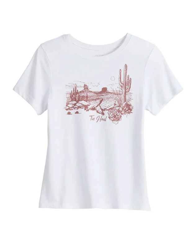 Tin Haul Womens Red Desert Scene White Cotton Blend S/S T-Shirt Affordable Women's Attire