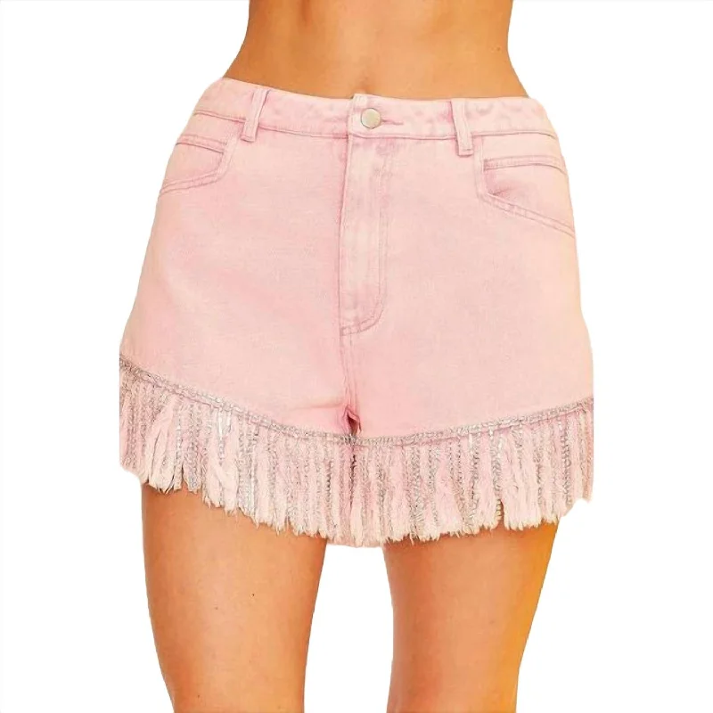 Frayed Rhinestone Denim Shorts In Pink Women's Clothes For Outdoor Events