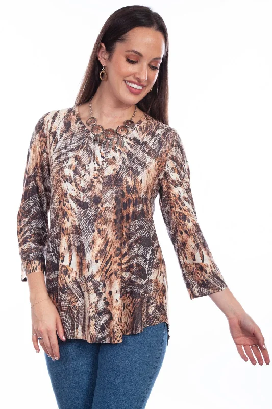 Scully Womens Cheetah Skin Tan Poly/Spandex S/S Blouse Women's Stylish Outdoor Outfit