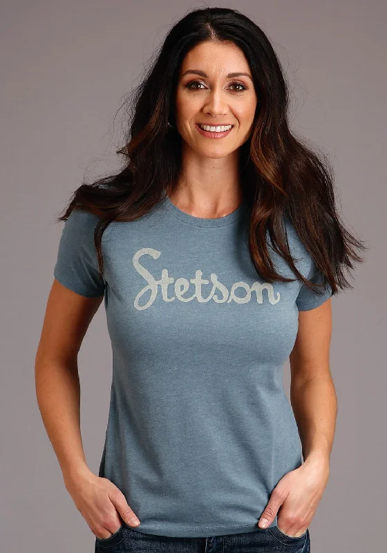 Stetson Womens Slate Blue Cotton Blend Vintage Screenprint S/S T-Shirt Casual Wear