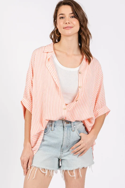 Peach Striped Button Up Dolman Top Luxury Women's Clothing