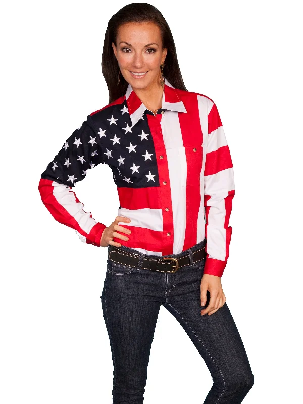 Scully RangeWear Womens Red 100% Cotton American Flag L/S Western Shirt Women's Holiday Outfit