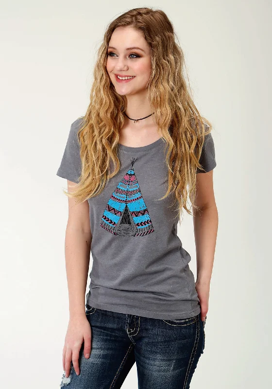 Roper Womens Charcoal Gray Cotton Blend Teepee S/S T-Shirt Tailored Clothing For Women