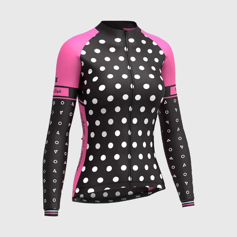 Fdx Polka Dots Women's & Girl's Pink Thermal Roubaix Long Sleeve Cycling Jersey Women's Clothing For Everyday Wear