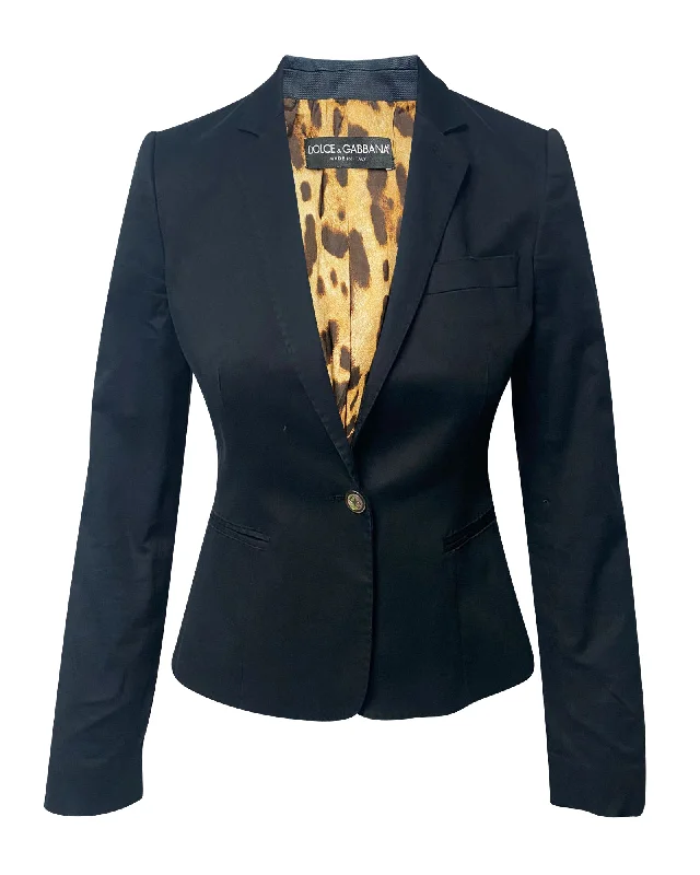 Dolce And Gabbana Leopard Print Lined Blazer in Navy Blue Cotton Stylish Clothes For Women