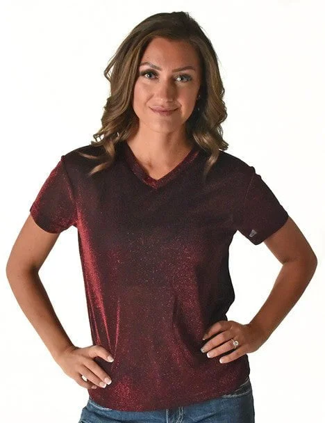 Cowgirl Tuff Womens Shimmer Breathe V Dark Red Nylon S/S T-Shirt Women's Plus-Size Casual Outfit