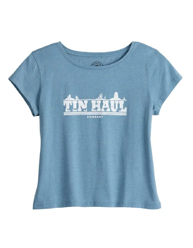 Tin Haul Womens Running Horse Blue Cotton S/S T-Shirt Women's Charming Outfit For Events