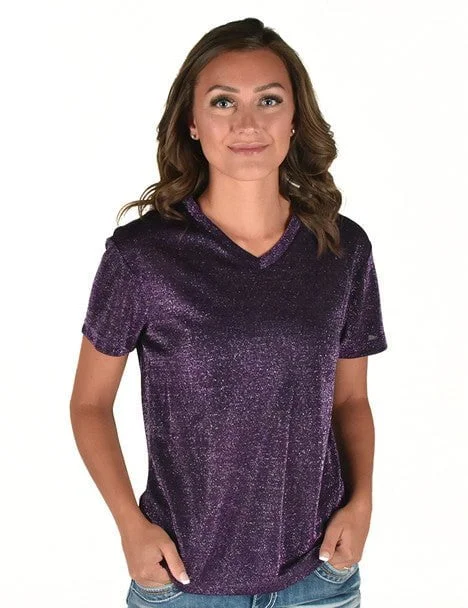 Cowgirl Tuff Womens Shimmer Breathe V Purple Nylon S/S T-Shirt Fashionable Women's Outfit