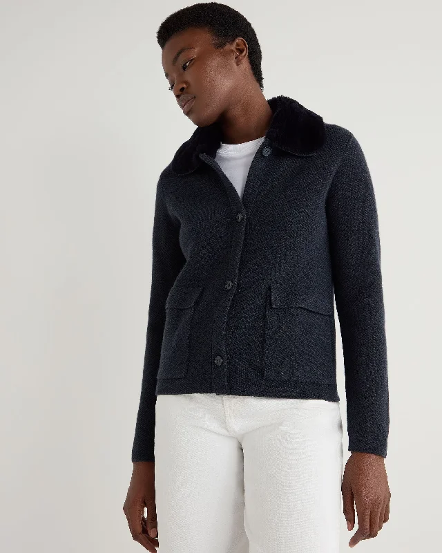 Women's Herringbone Cashmere Jacket with Fur Trim Navy Blue Extreme Clearance Deals