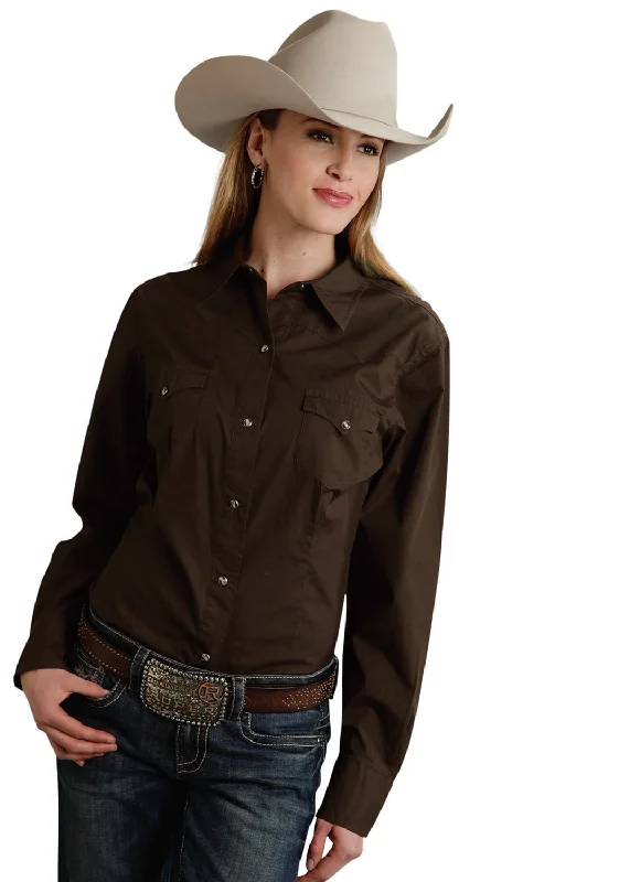 Roper Basic Solid Ladies Chocolate 100% Cotton L/S Western Shirt Trendy Boutique Online