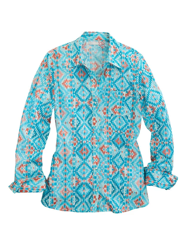 Tin Haul Womens Aztec Print Turquoise 100% Cotton L/S Shirt Women's Plus-Size Outfit