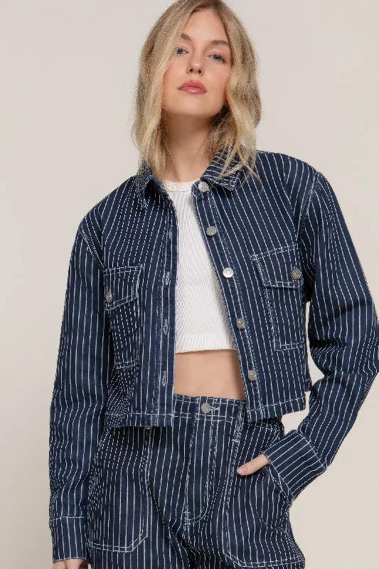 FASHNZFAB Women's Button Down Stripe Denim Short Jacket Women's Stylish Casual Garments