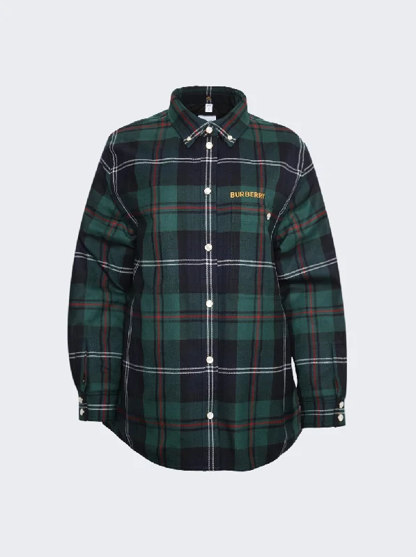 Embroidered Logo Check Wool Overshirt Dark Viridian Green Women's Cozy Outfit For Lounging