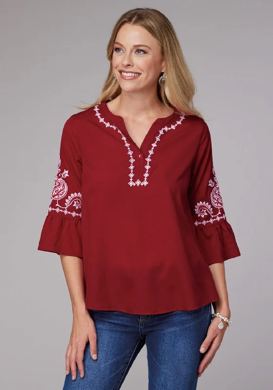 Roper Womens Bell Sleeve Pullover Red 100% Polyester S/S Blouse Everyday Women's Fashion Trends