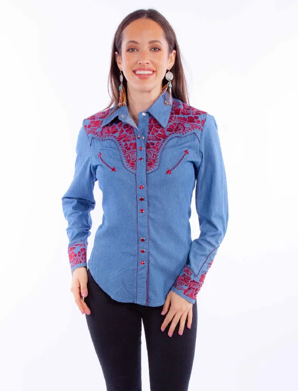 Scully Womens Embroidered Floral Blue/Cranberry Poly/Rayon L/S Shirt Women's Evening Outfit