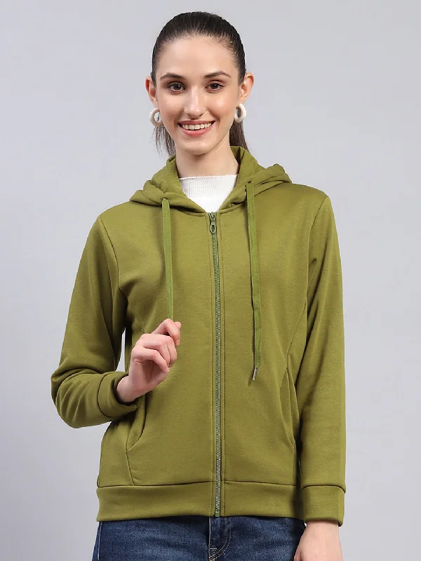 Women Green Solid Hooded Full Sleeve Sweatshirt Clearance Sale