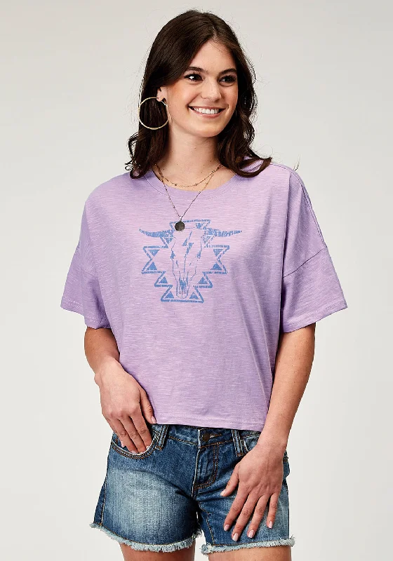 Roper Womens Southwest Longhorn Lilac 100% Cotton S/S T-Shirt Women's Formal Event Outfit