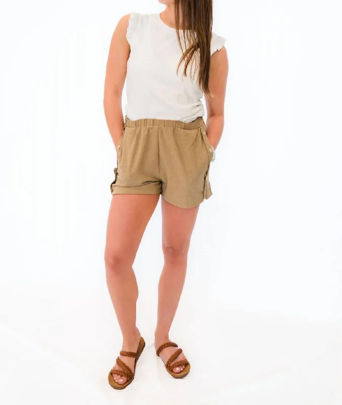 Side Button Shorts In Khaki Casual Garments For Women