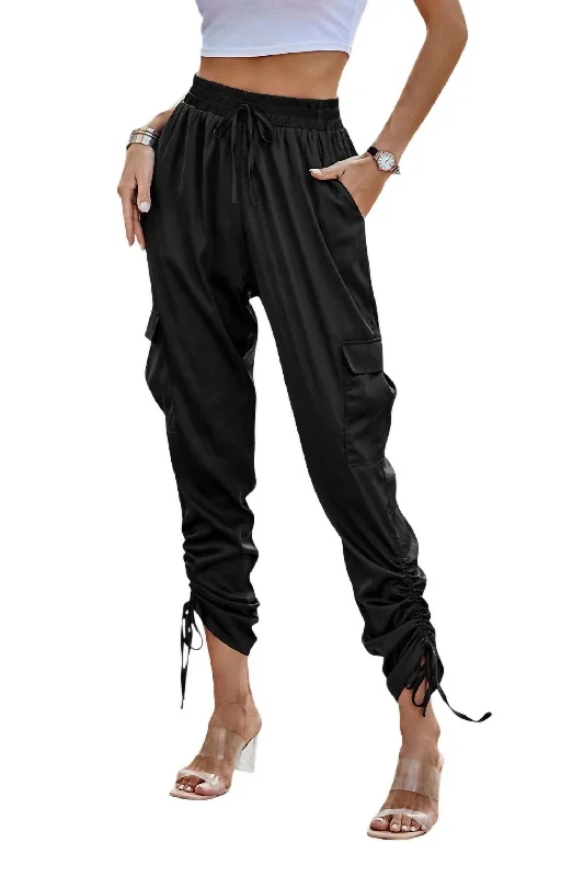 Slim Satin Cargo Pants In Black Women's Clothes For Outdoor Events