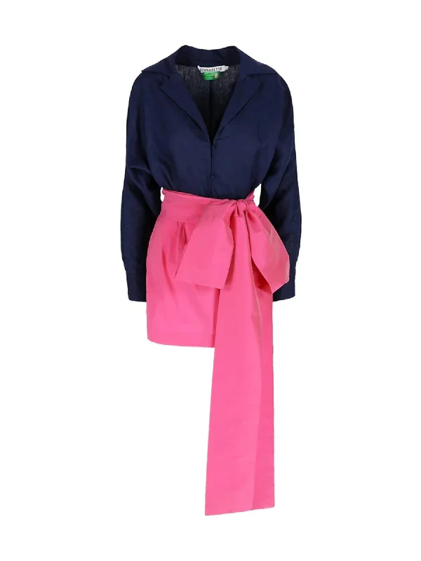 Claire Short Dress In Midnight Blue & Framboise Pink Women's Chic Outerwear Outfit