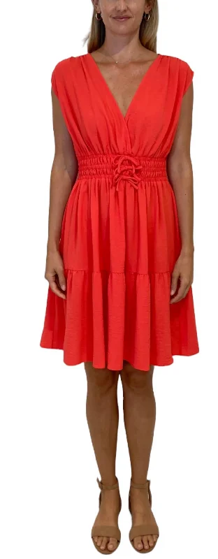 Elastic Waist Tie Surplice Flounce Dress In Hot Coral Chic Clothes For Women