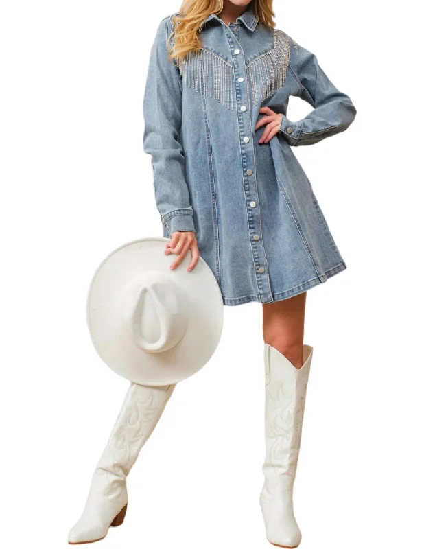 Fringe Denim Dress In Blue Women's Clothing Outfit Set