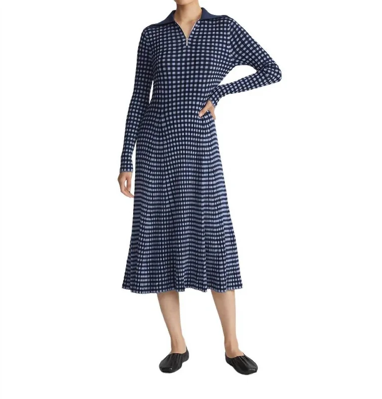 Gingham Responsible Matte Crepe Collared Half-Zip Dress In Midnight Blue Multi Sophisticated Women's Fashion