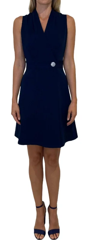 Pleated Neck Wrap Dress In Navy Fashionable Women's Clothes