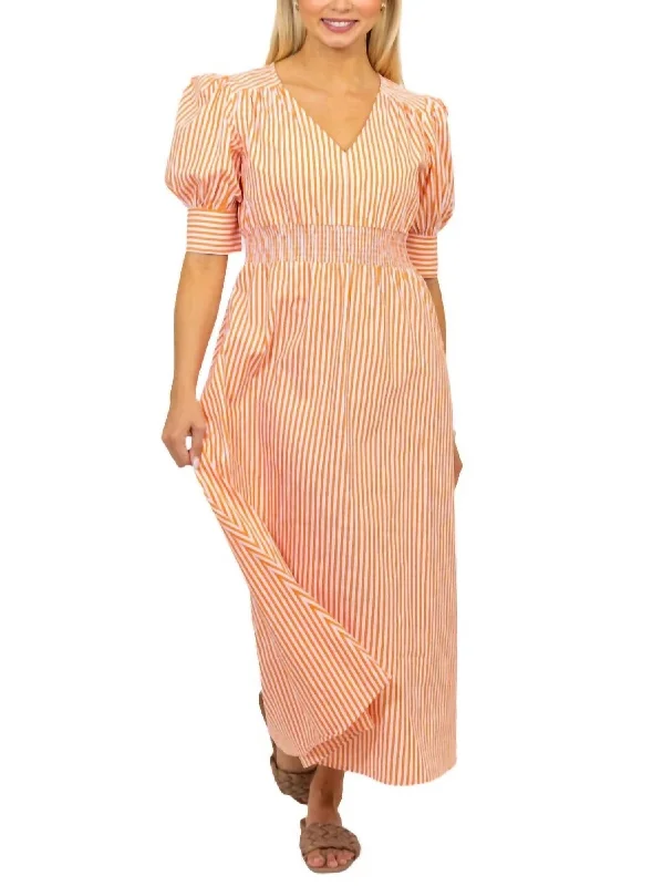 Stripe Poplin Vneck Dress In Orange Women's Casual Wear Outfit