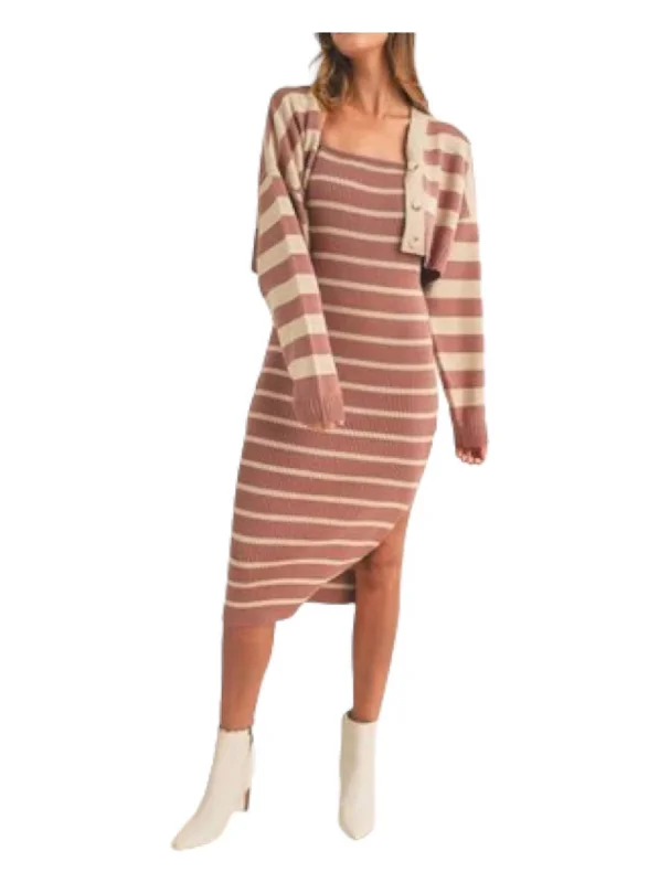 Striped With Cardigan Dress In Mauve Fashionable Women's Clothing