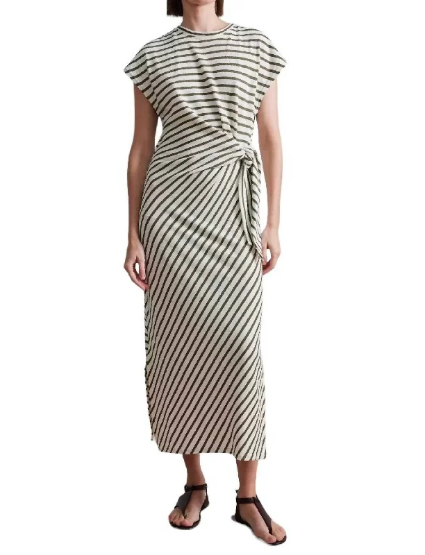 Vanina Cinched Waist Dress In Cream/olive Stripe Women's Evening Clothing