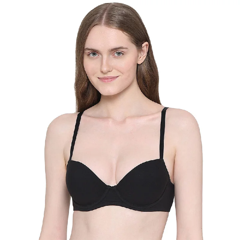 Balconette Padded Wired Demi Cup Everyday Wear Bra - Black Women's Holiday Attire