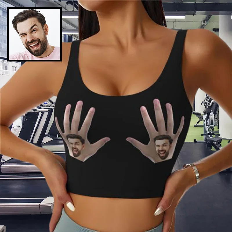 Custom Boyfriend Face Hand Black Background Sports Bra Personalized Women's All Over Print Yoga Sports Bra Women's Holiday Apparel