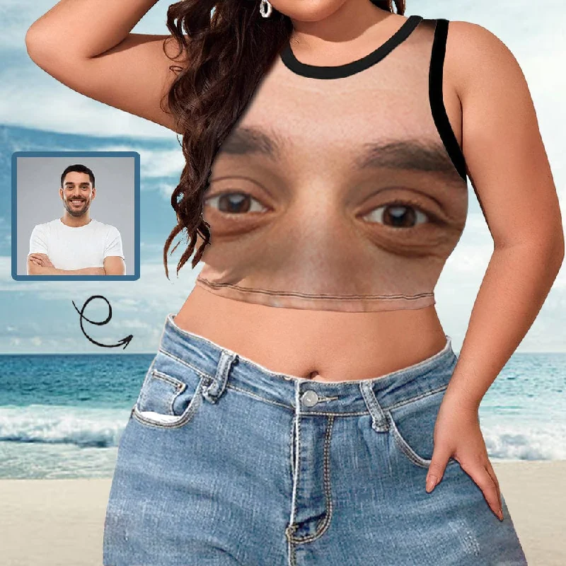 Custom Face on Tank Tops Big Eyes Women's High Neck Crop Top with Boyfriend Face Swimsuits Bustier Modern Women's Outfit