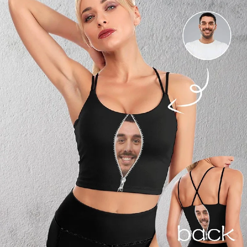 Custom Husband Face Zipper Black Background Tops Personalized Women's All Over Print Strappy Longline Yoga Sports Bra Women's Occasion Wear Clothing