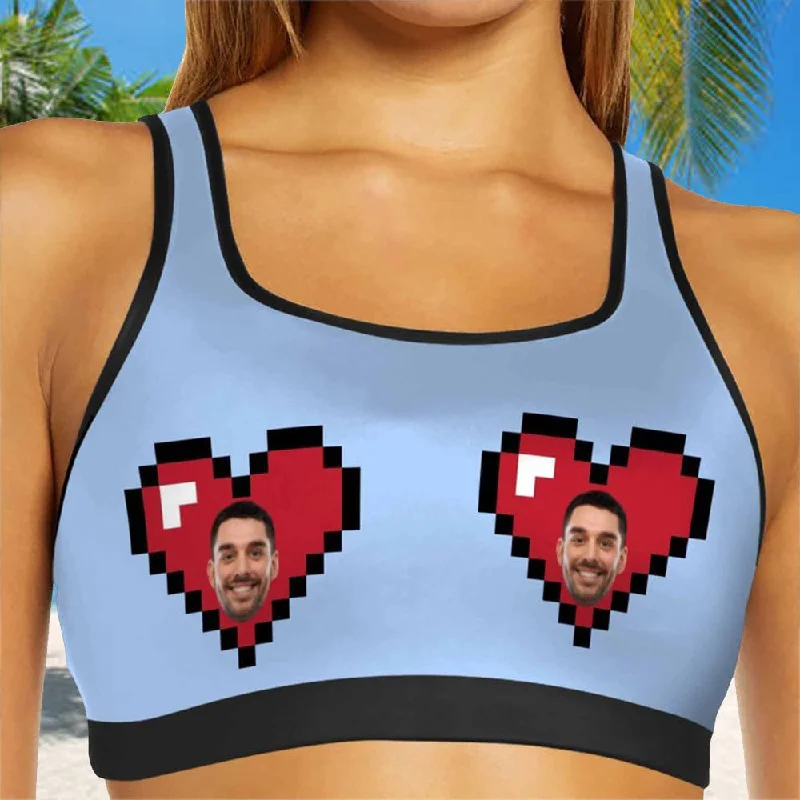 Custom Husband Face Red Heart Blue Background Sports Bra Personalized Women's All Over Print Yoga Sports Bra Trendy Outfits For Ladies