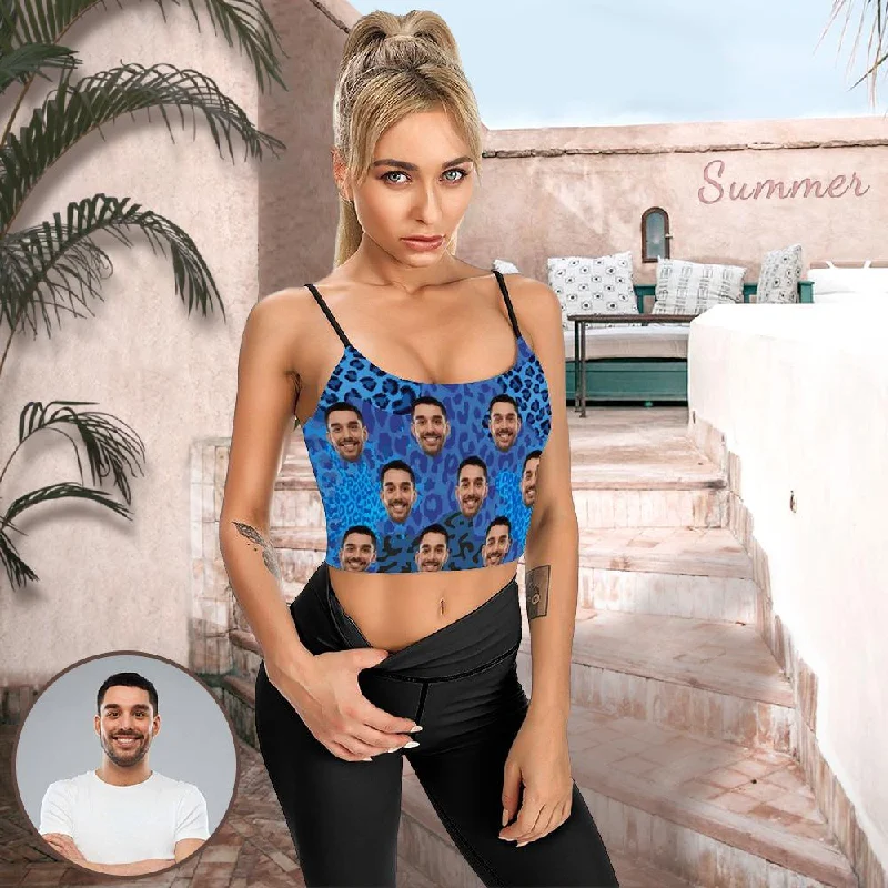 Print Your Face on Tops Blue Leopard Women's Crop Camisole Top (With Chest Pad) Women's Clothes And Garments