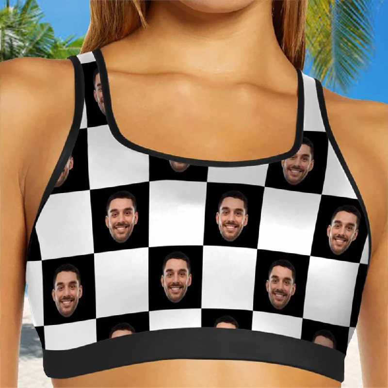 Custom Husband Face Checkerboard Sports Bra Personalized Women's All Over Print Yoga Sports Bra Women Wear Boutique