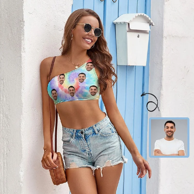 Put Husband Face on Tank Top Personalized Colorful Tie-dye Women's One-shoulder Crop Top Summer Beach Vest Easygoing Women's Style