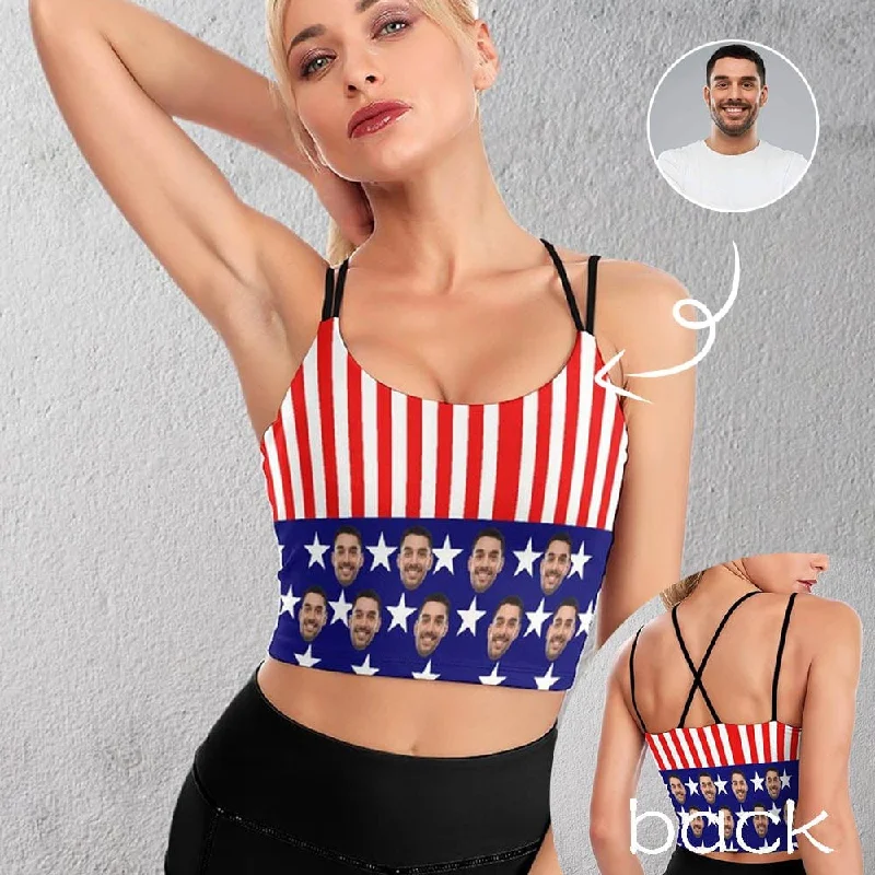 Custom Husband Face US Flag Tops Personalized Women's All Over Print Strappy Longline Yoga Sports Bra Affordable Online Boutiques