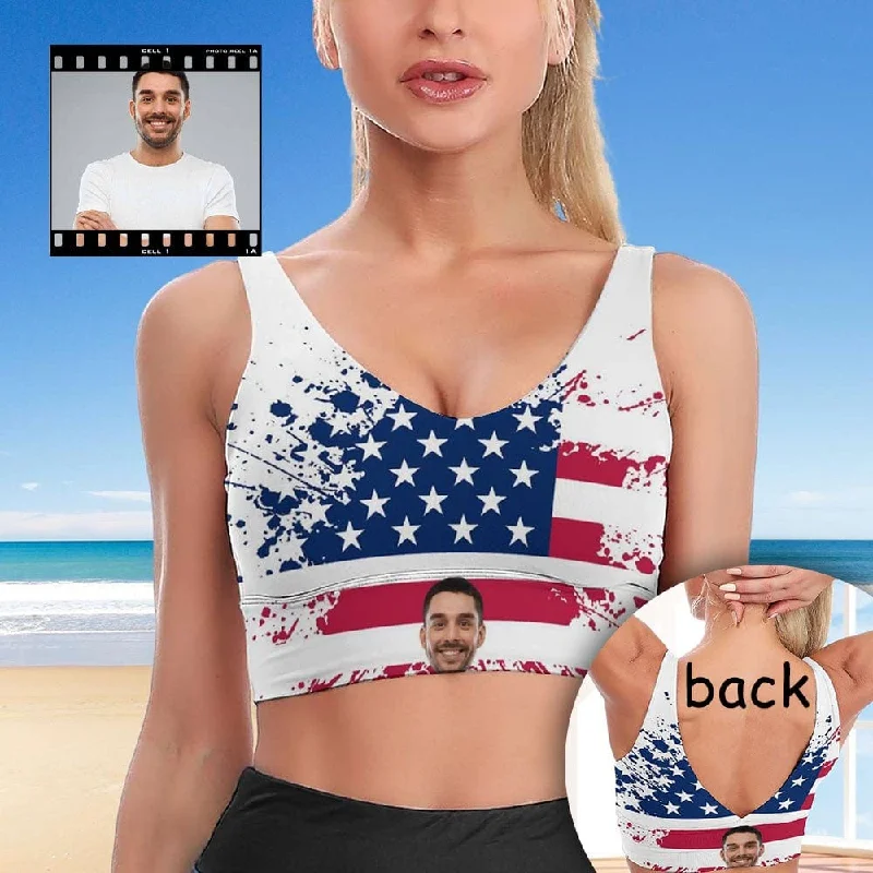 Custom Husband Face US Flag Sports Bra Personalized Women's All Over Print Yoga Sports Bra Chic Women's Clothing for Date Nights