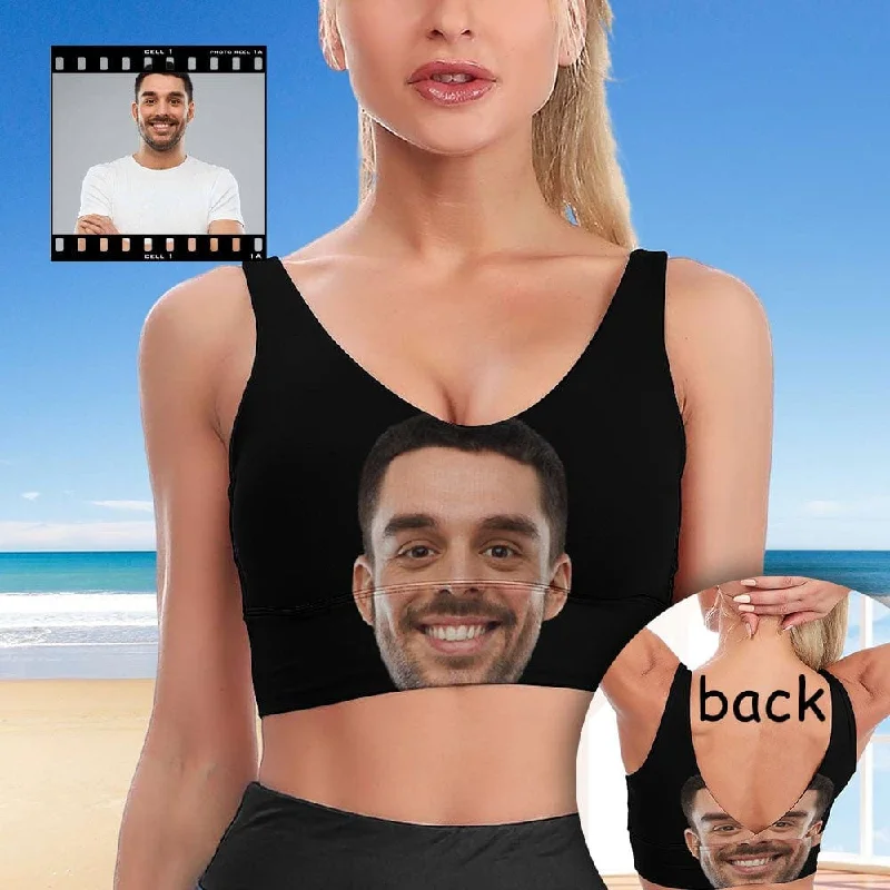 Custom Husband Face Fully Black Background Sports Bra Personalized Women's All Over Print Yoga Sports Bra High-Quality Women's Fashion Dresses