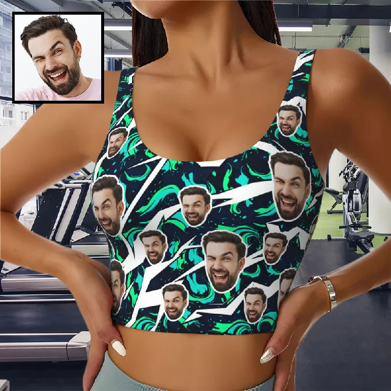 Custom Face Green Swirl Sports Bra Personalized Women's All Over Print Yoga Sports Bra Women's Clothing Apparel Sets