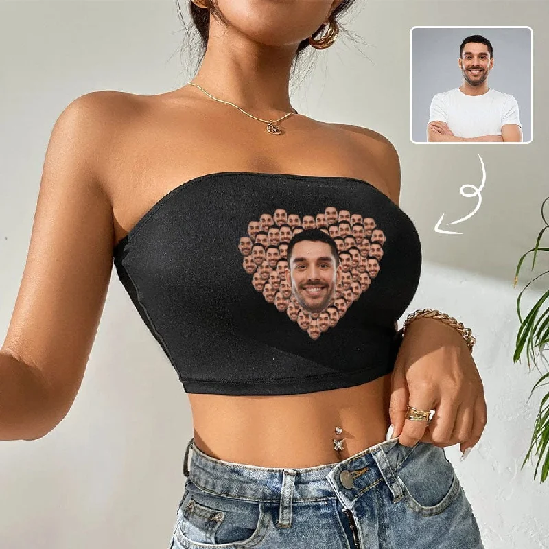 Custom Husband Face Heart Black Background Crop Top Personalized Women's Tube Top Timeless Women's Fashion Styles