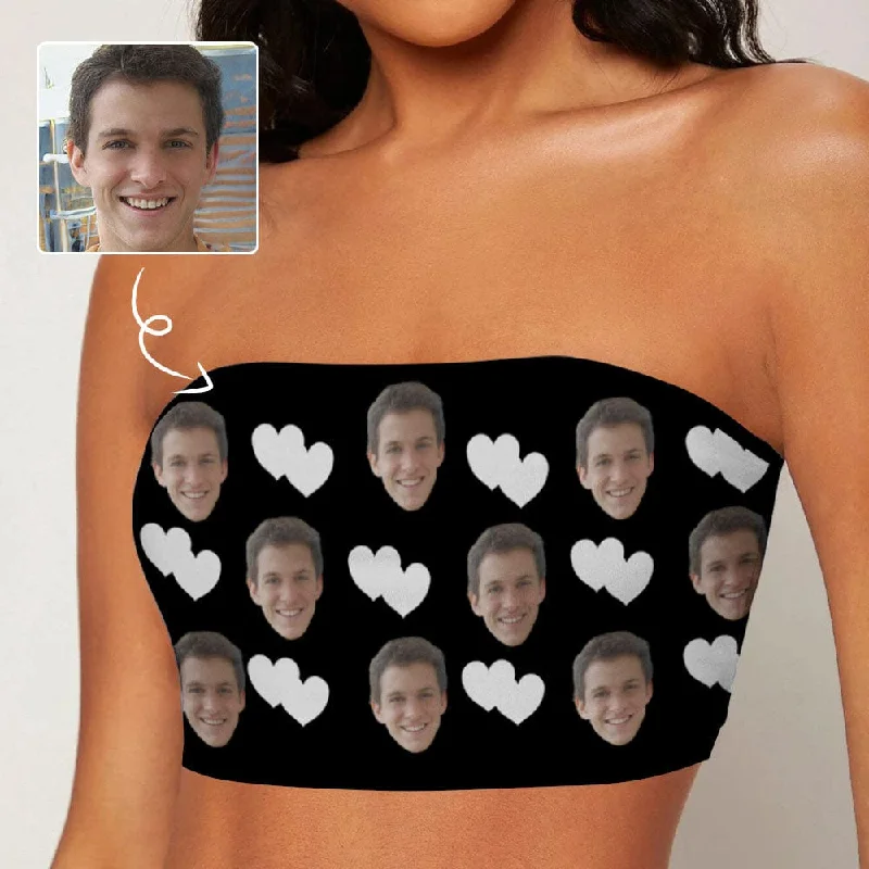 Custom Husband Face White Heart Black Background Crop Top Personalized Women's Tube Top Timeless Women's Garments