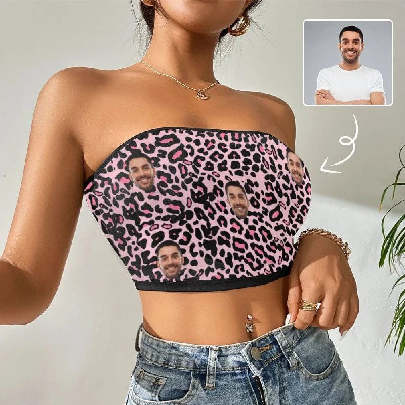 Custom Husband Face Pink Leopard Print Crop Top Personalized Women's Tube Top Women's Comfortable Garments