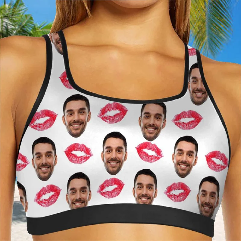 Custom Husband Face Red Lips Sports Bra Personalized Women's All Over Print Yoga Sports Bra Fashion Women's Clothing