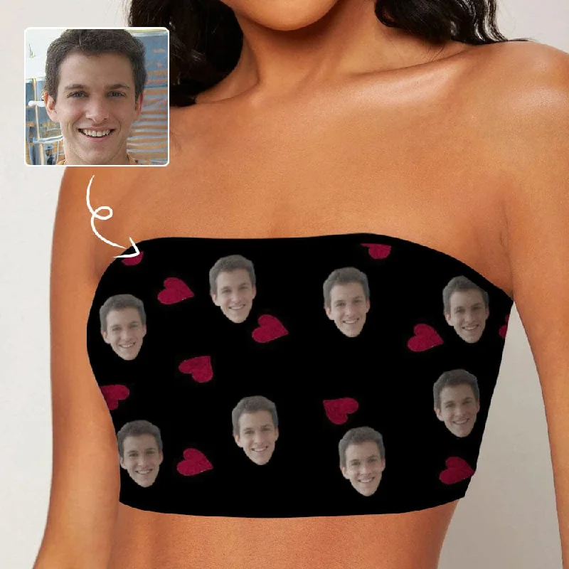 Custom Husband Face Red Heart Black Background Crop Top Personalized Women's Tube Top Luxury Women's Fashion